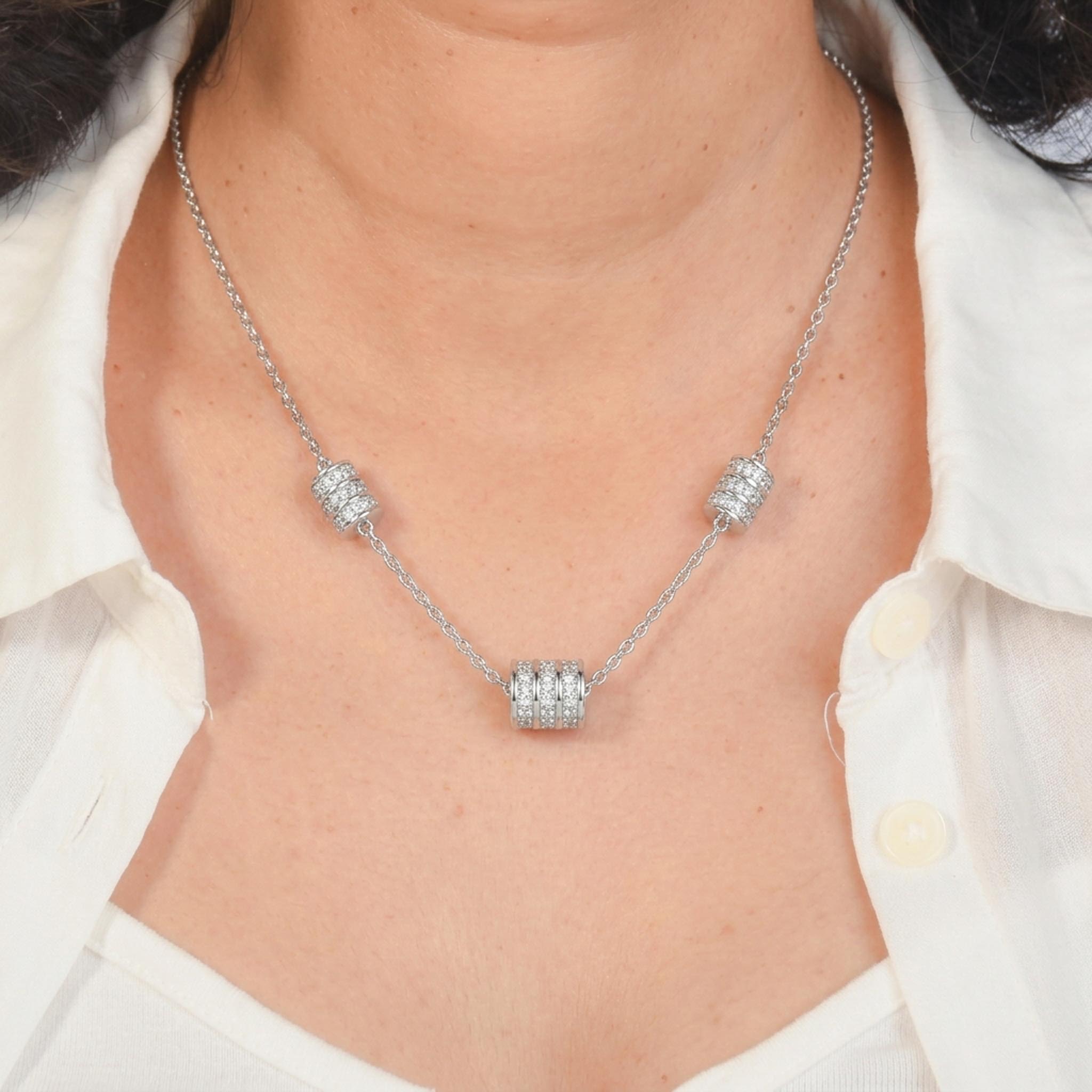 Diamond Barrel 925 sterling silver necklace featuring three sparkling pavé crystal barrel beads suspended along a delicate silver chain