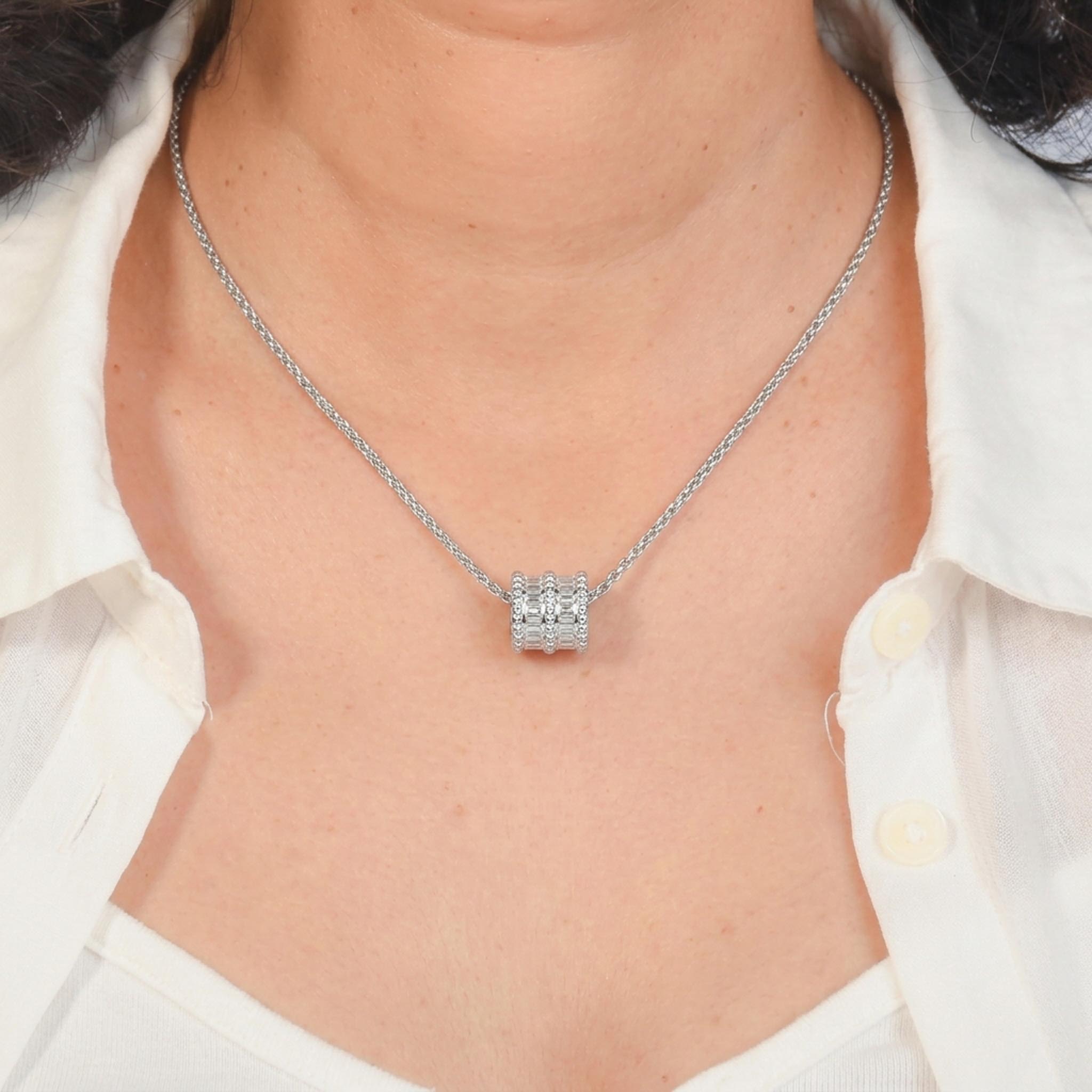 Diamond Orbit 925 sterling silver necklace featuring a sparkling multi-band crystal barrel pendant suspended from a delicate silver chain