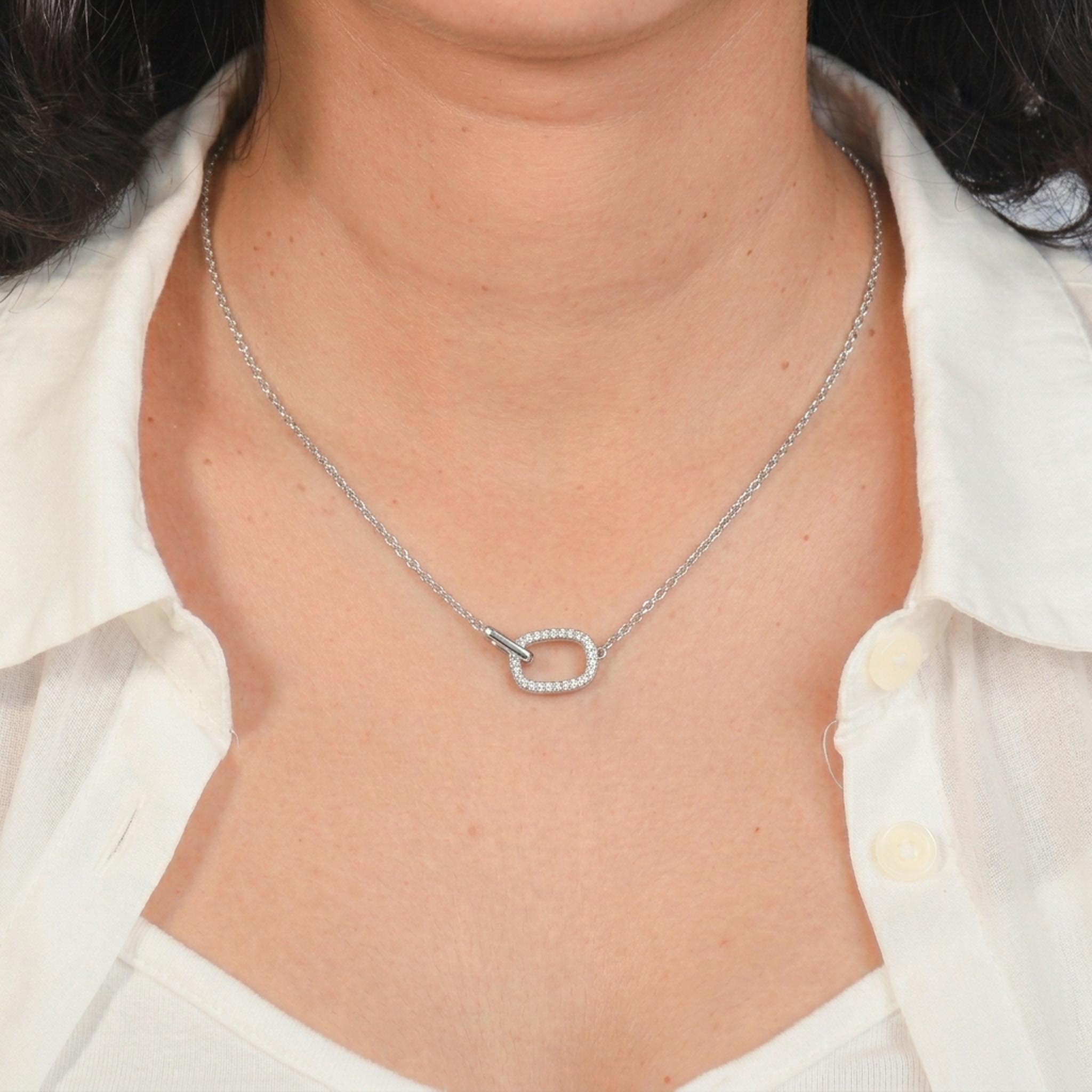 Everlinked 925 sterling silver necklace with pave crystal oval link pendant