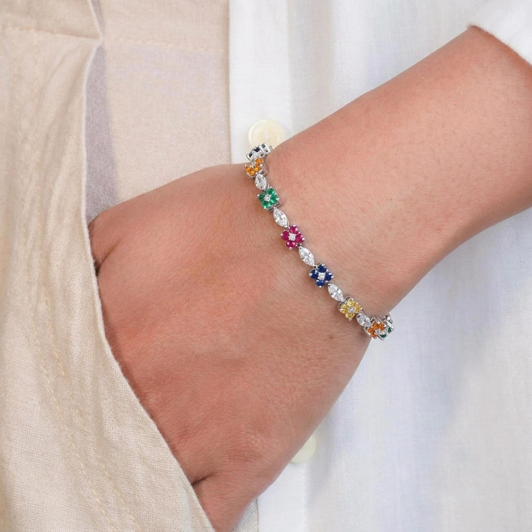 Multicolor Bloom Tennis 925 Sterling Silver Bracelet