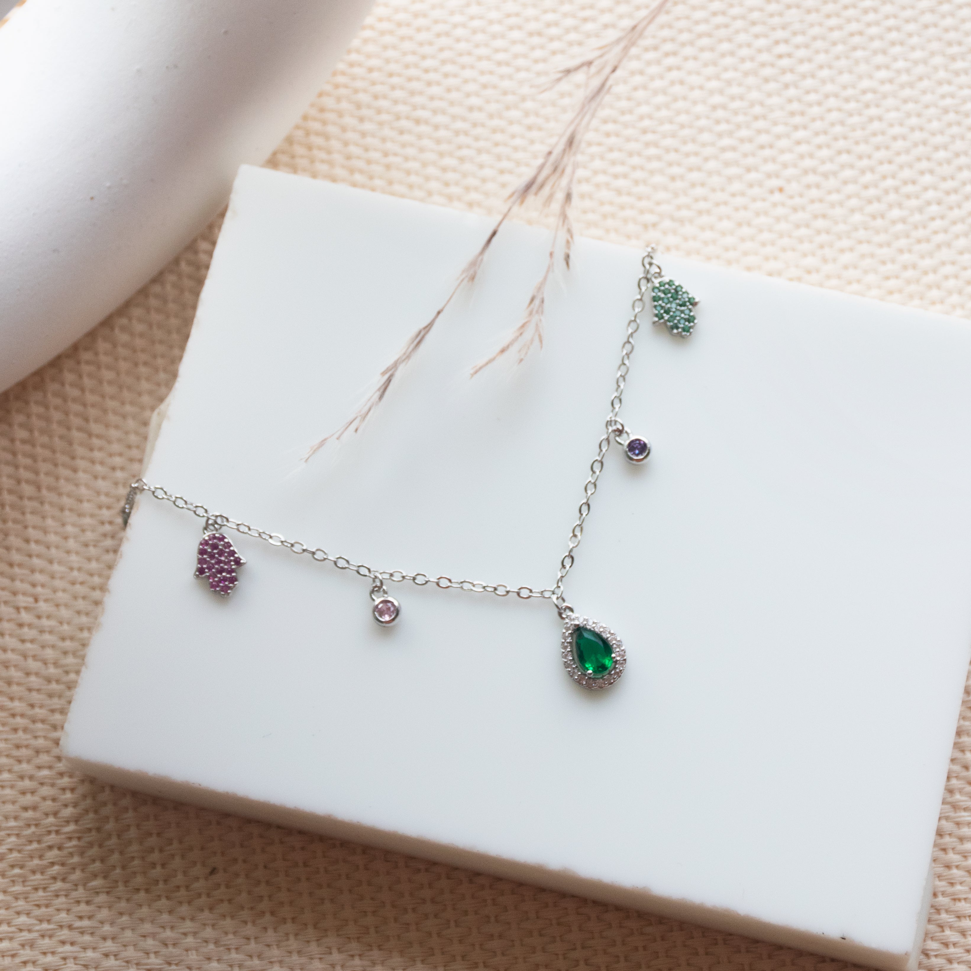 Cosmic Gleam Emerald Charm Choker – silver choker necklace, demi-fine anti-tarnish jewellery by Upakarna
