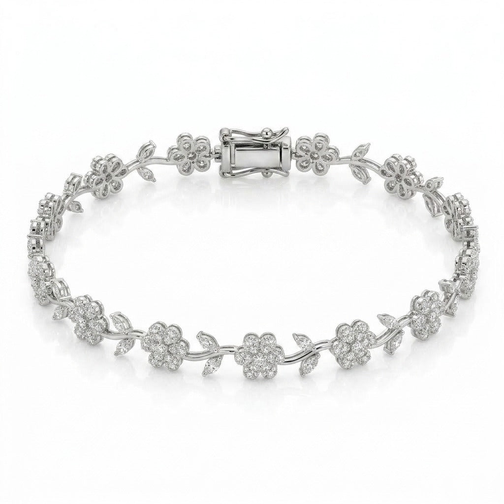 Blooming Vine 925 Sterling Silver Bracelet featuring delicate flower and leaf motifs adorned with sparkling pave-set stones, gracefully linked in a vine-inspired design
