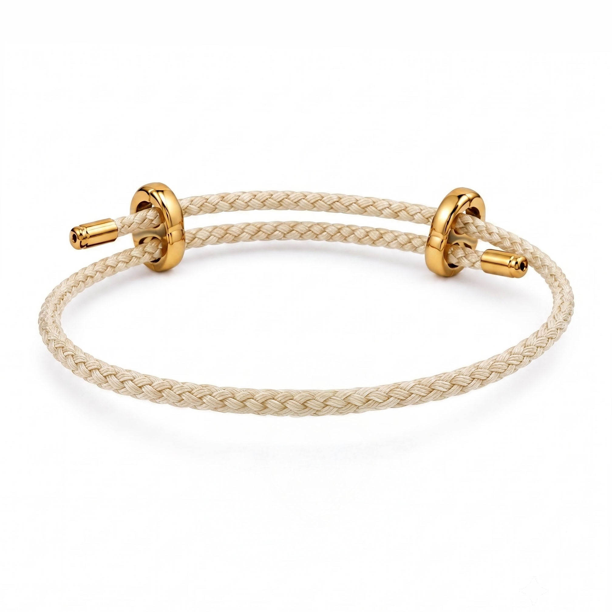 Braided Pink cord bracelet with gold-tone sliding rings and end caps on a white background.