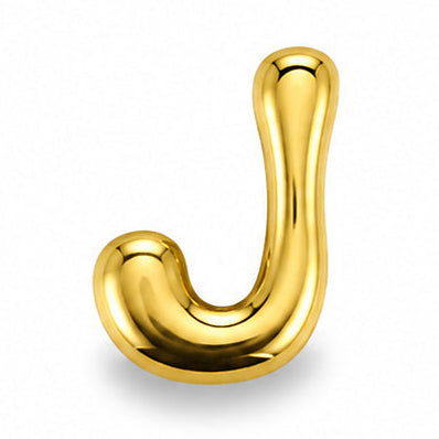 A small, glossy gold-tone letter “J” charm centered on a clean white background. The charm features a sleek, rounded uppercase “J” with a curved hook at the bottom and an elongated vertical stem. Its smooth, polished metallic surface reflects warm golden highlights, giving it a dimensional, premium appearance. A subtle soft shadow beneath the charm adds depth and creates a realistic product-photography finish.