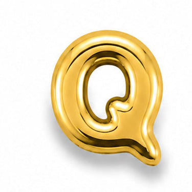 A product photo of a glossy, smooth gold-tone uppercase "Q" charm centered on a clean white background.