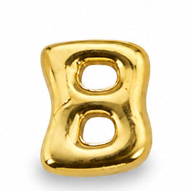 A small, glossy gold-tone letter “B” charm centered on a clean white background. The charm has a rounded, slightly chunky design with smooth polished edges and a reflective metallic finish. The uppercase “B” features two rounded hollow openings, giving it a playful yet minimal appearance.