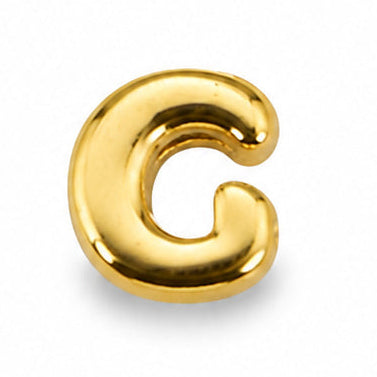 A small, glossy gold-tone letter “C” charm centered on a clean white background. The charm features a rounded, chunky uppercase “C” with smooth curved edges, a polished metallic surface, and warm golden reflections. Its slightly raised three-dimensional form is emphasized by a soft shadow underneath, creating a clean, minimal product-photography look.