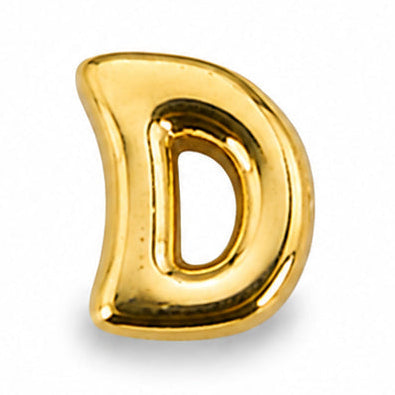 A small, polished gold-tone letter “D” charm centered on a clean white background. The charm has a rounded, dimensional uppercase “D” design with smooth curved edges, a glossy metallic finish, and warm golden reflections. The inner opening follows the shape of the letter, creating a clean outlined appearance. A subtle soft shadow beneath the charm highlights its raised three-dimensional form.