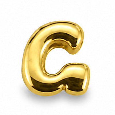 A small, glossy gold-tone letter “G” charm centered on a clean white background. The charm has a rounded, chunky uppercase “G” design with smooth curved edges and a polished, reflective metallic finish. The open inner section and short horizontal bar give the letter a distinct, modern appearance.
