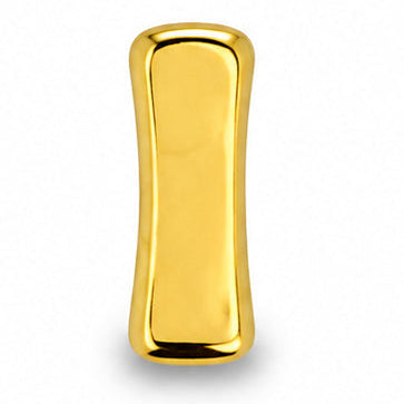 A small, glossy gold-tone letter “I” charm centered on a clean white background. The charm features a simple, elongated uppercase “I” with a rounded, slightly tapered rectangular shape and softly curved edges. Its polished metallic surface reflects warm golden highlights, creating a smooth, dimensional appearance.