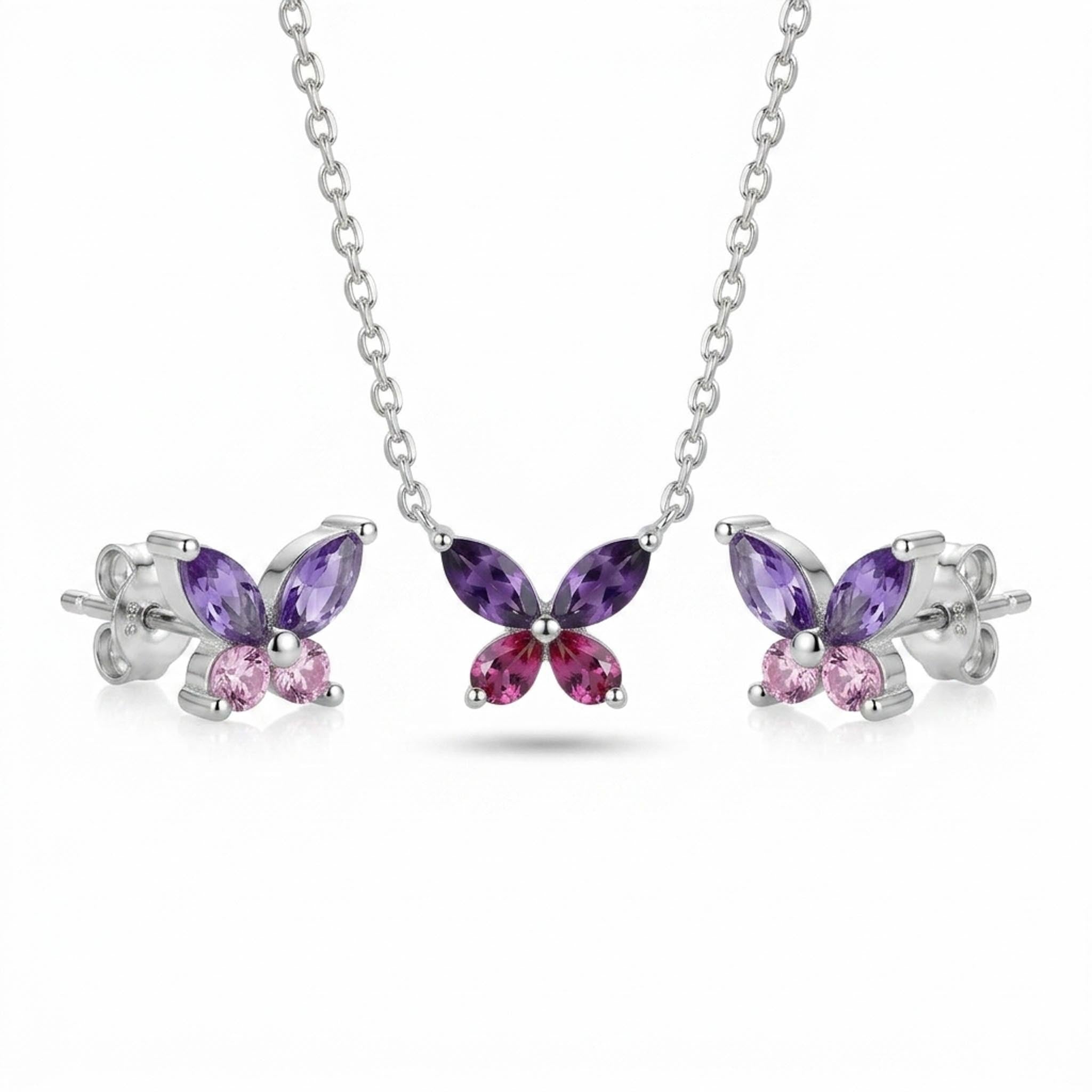 Butterfly Aurora 925 Sterling Silver Necklace Set featuring a delicate butterfly pendant with purple and pink gemstone-inspired crystals, paired with matching butterfly stud earrings