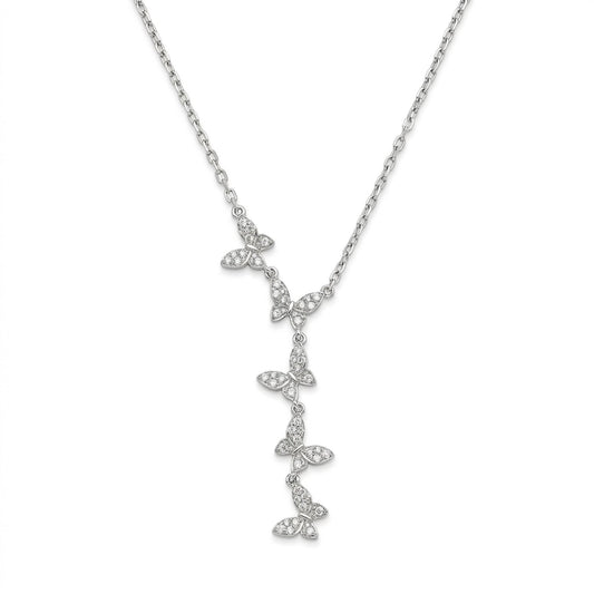 Silver-toned Y-necklace featuring a delicate cascading design of butterfly-shaped charms embellished with sparkling crystals. Displayed against a clean pure white background with bright, soft studio lighting and subtle natural shadows for a premium e-commerce jewellery photography aesthetic.