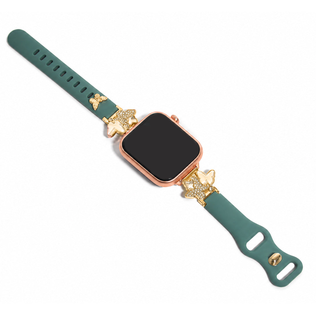 Zoomed-out view of a green smartwatch strap with gold butterfly charms and decorative accents on a white background.
