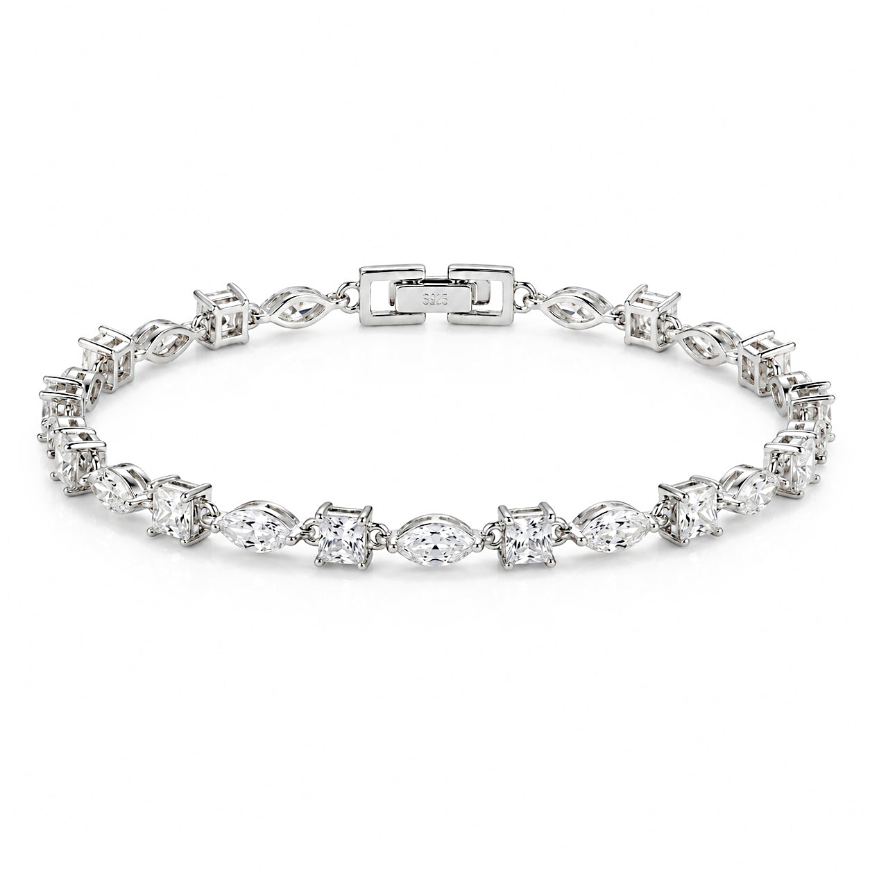 Silver-tone tennis bracelet with alternating princess-cut and marquise-cut clear stones, secured with a box clasp, displayed on a white background