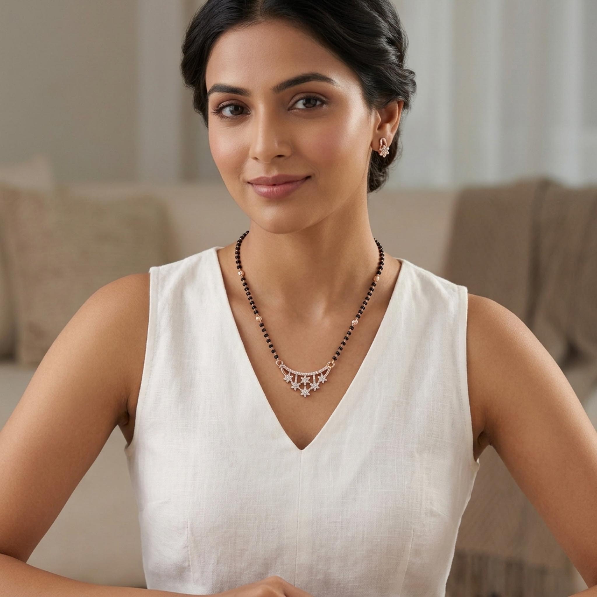 Celestia Shine Mangalsutra Necklace in demi-fine anti-tarnish finish featuring a modern elegant design with black beads