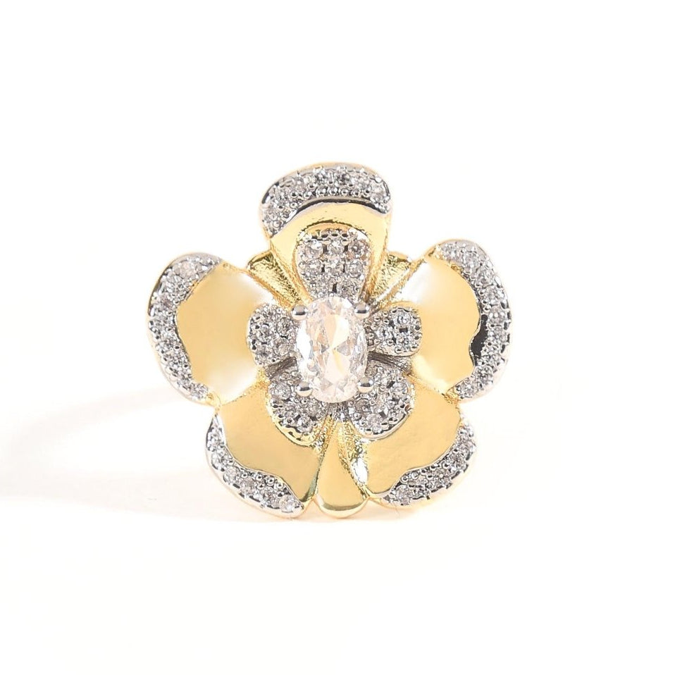Luxurious golden floral statement ring with sparkling pavé details and an anti-tarnish finish. perfect for special occasions, elegant styling, and memorable gifting.