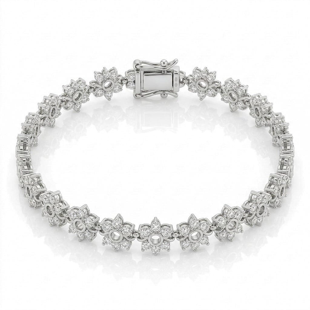 Celestial Flower 925 Sterling Silver Bracelet featuring a continuous row of floral-inspired links adorned with sparkling pave-set stones