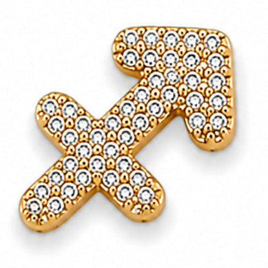 Gold-tone Sagittarius zodiac charm featuring a detailed archer symbol, embellished with multiple small white rhinestones and a polished metallic finish, isolated on a clean white background.