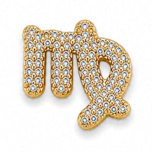 Gold-tone Scorpio zodiac charm featuring the distinctive scorpion symbol, embellished with numerous small white rhinestones. The charm has a polished metallic finish, intricate raised detailing, and a sparkling appearance, isolated on a clean white background.