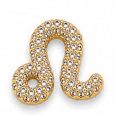 Gold-tone Leo zodiac charm featuring the distinctive Leo symbol, embellished with numerous small white rhinestones. The charm has a polished metallic finish, intricate raised detailing, and a sparkling, elegant appearance, isolated against a clean white background.
