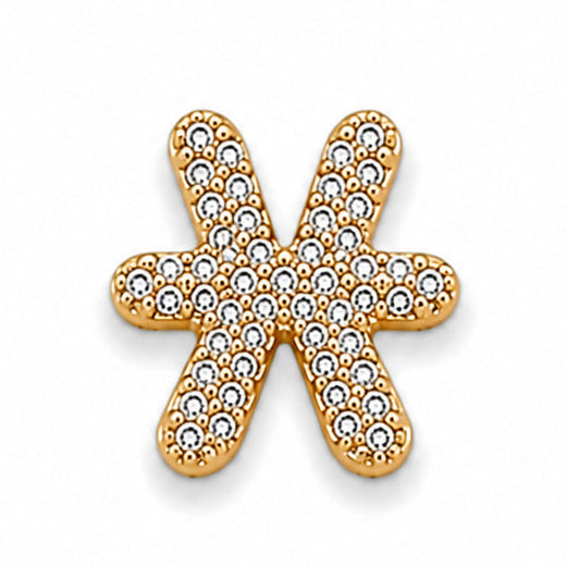 Gold-tone Aquarius zodiac charm featuring a stylized water-wave symbol with multiple curved, flowing elements arranged in a symmetrical design. The charm is fully embellished with numerous small white rhinestones, creating a sparkling textured surface, with polished gold-tone edges and raised detailing. Isolated against a clean white background.