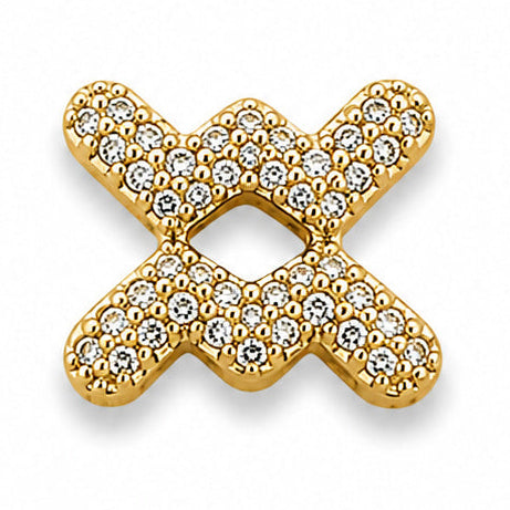 Gold-tone Gemini zodiac charm featuring a stylized twin-symbol design with two mirrored, curved forms meeting at the center. The charm is intricately embellished with numerous small white rhinestones across the surface, creating a sparkling textured appearance. It has polished gold-tone edges, raised detailing, and a dimensional finish, isolated against a clean white background.