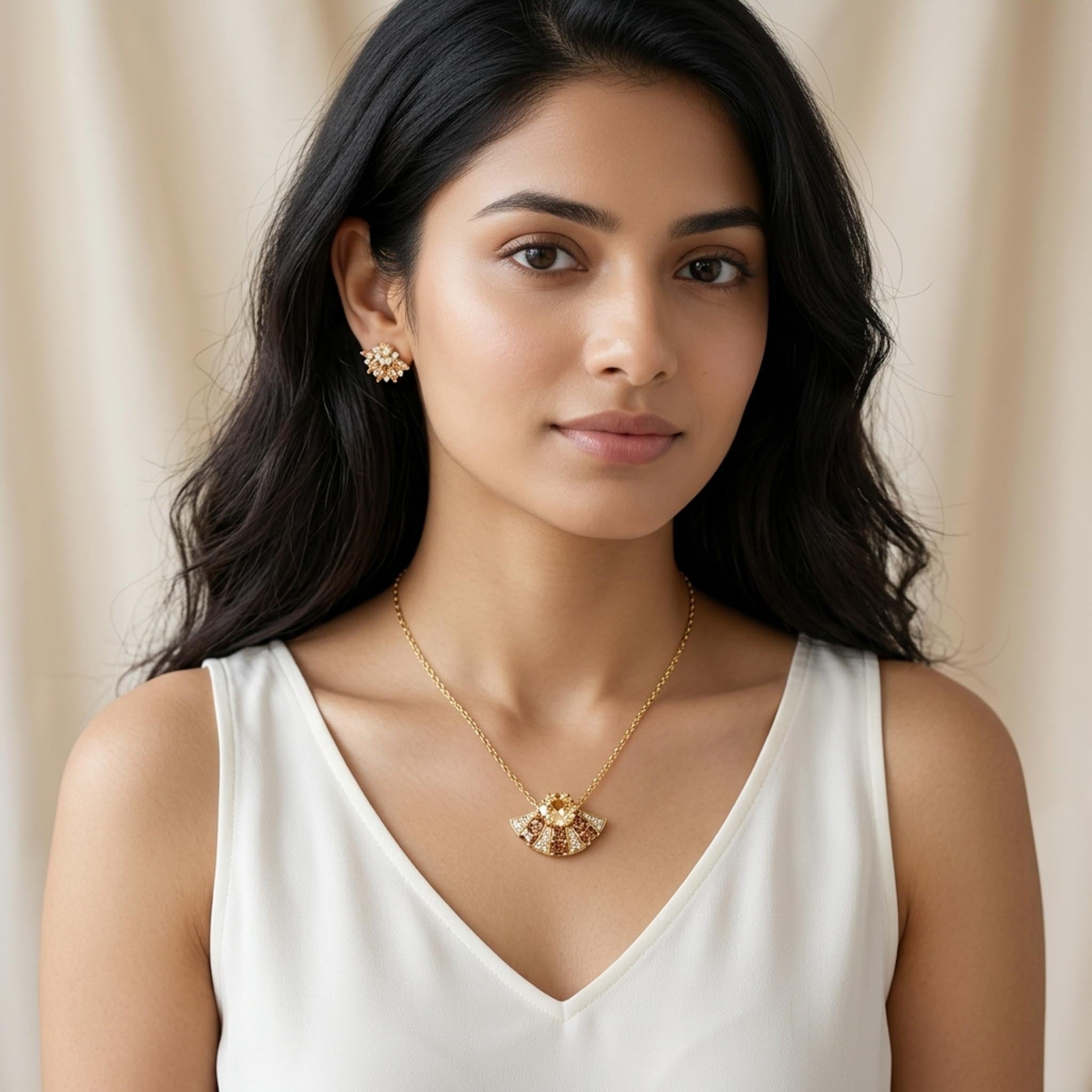 Champagne Fleur 925 Sterling Silver Necklace Set featuring a champagne-toned floral pendant necklace with matching flower stud earrings