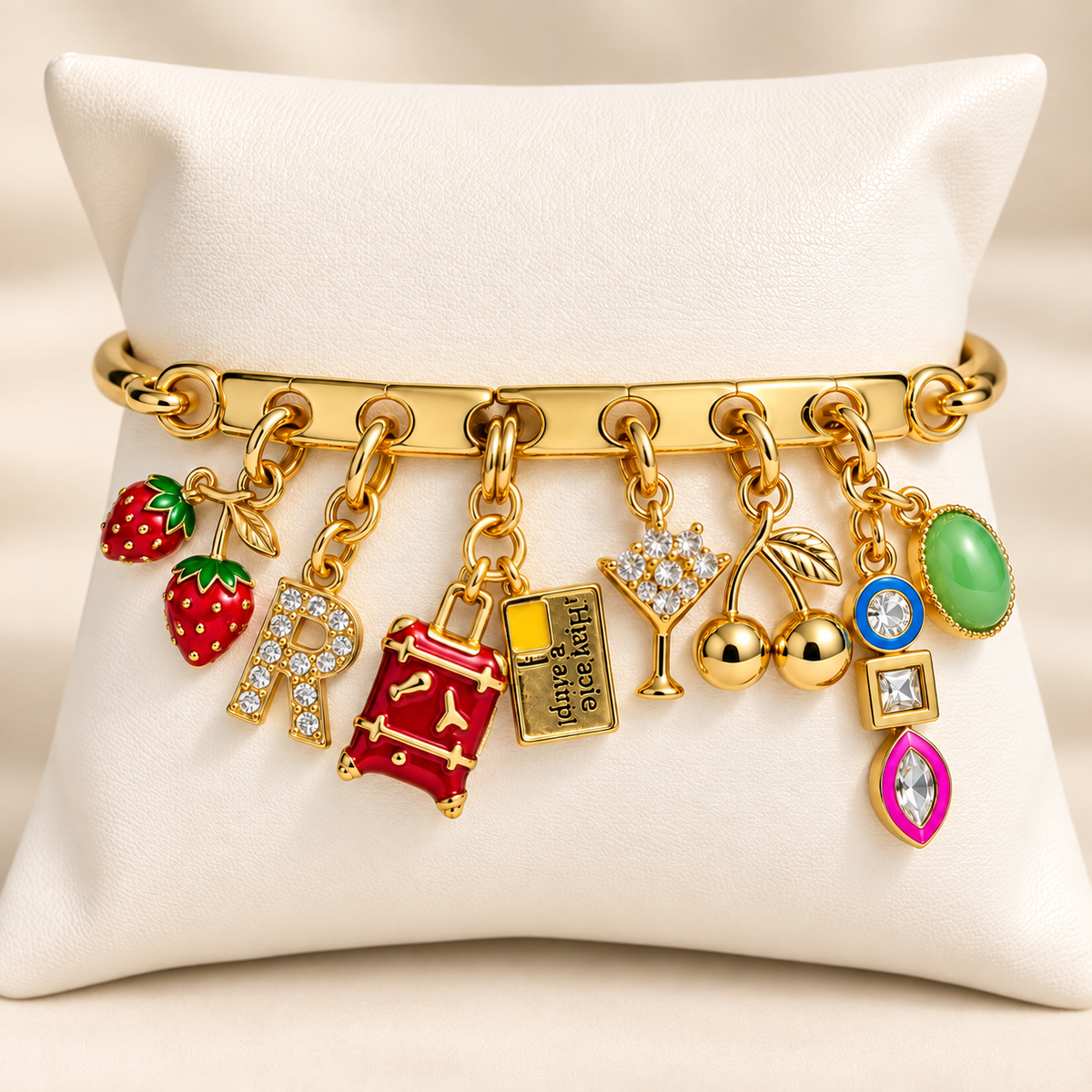 Gold Tone charm bracelet displayed on a white cushion, featuring multiple colorful dangling charms including strawberries, a rhinestone letter “R,” a red suitcase, a gold passport charm, cocktail glass, cherries, Crystal Prism, and Emerald Drop.