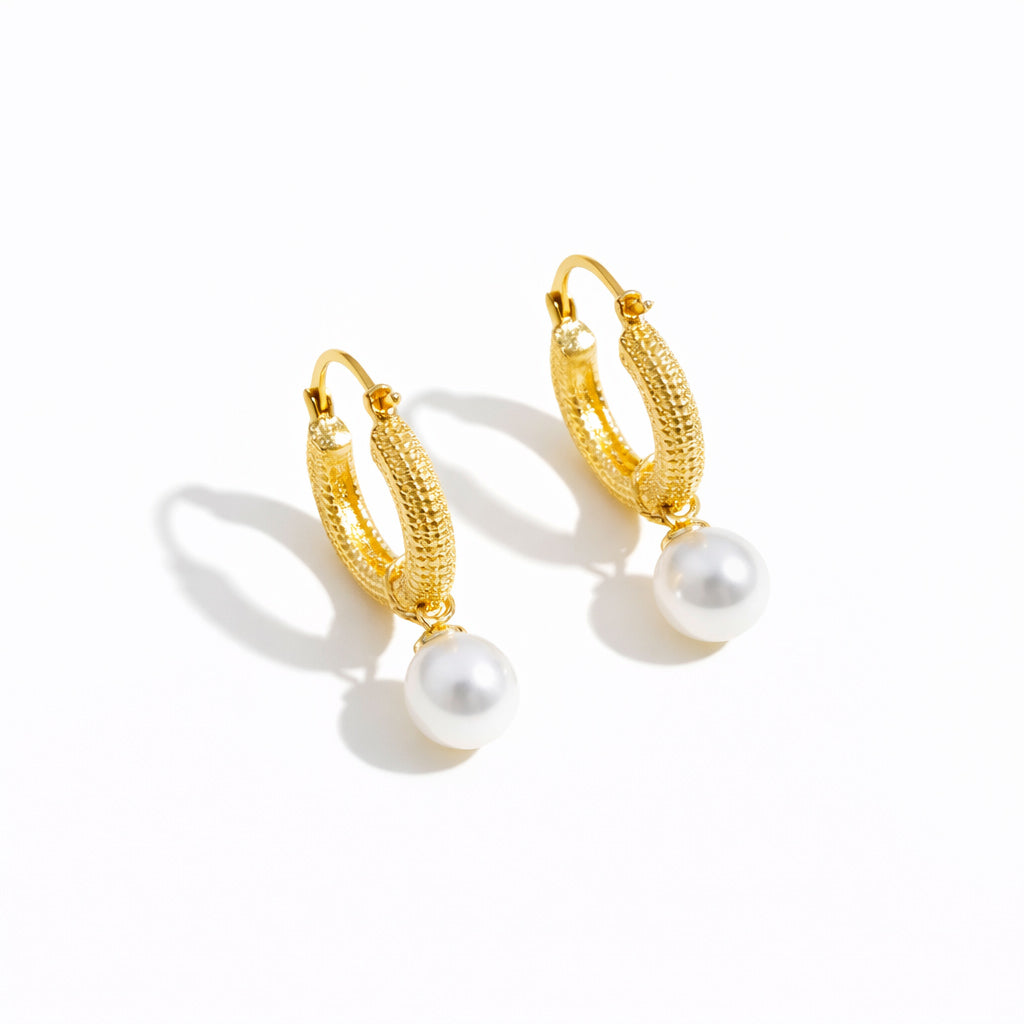 Gold Hoop Pearl Drop Earrings