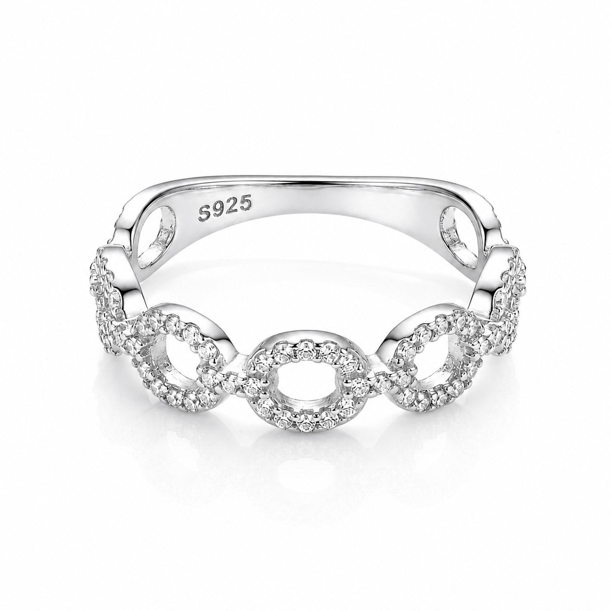 Silver infinity-pattern ring featuring interlocking oval motifs accented with pave-set crystals, displayed on a white background.