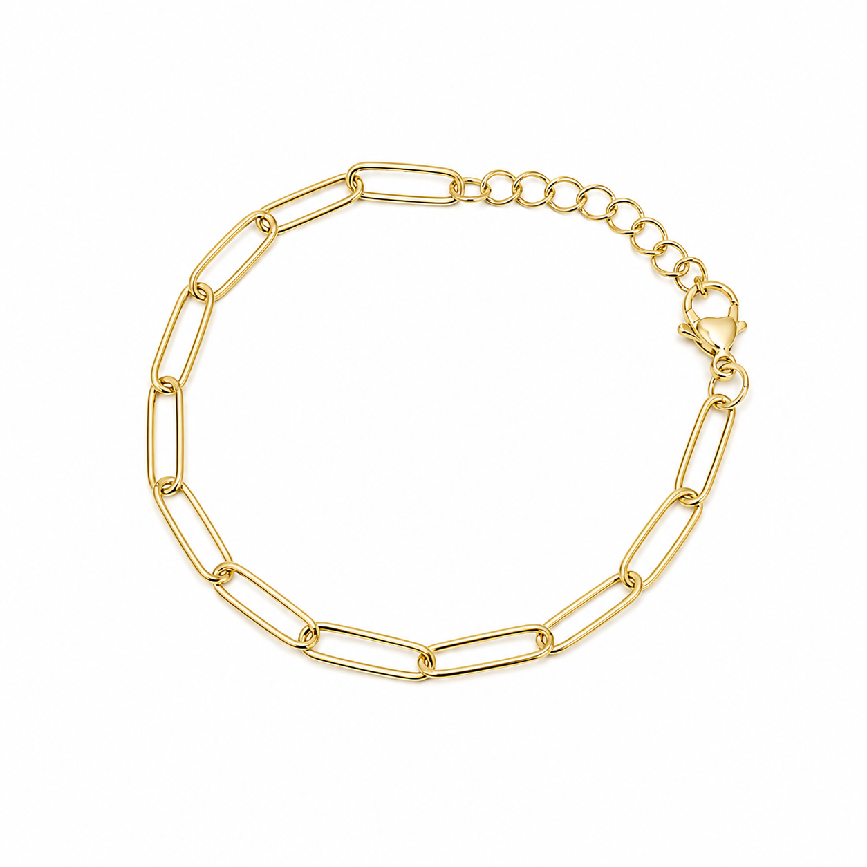 Gold elongated link chain bracelet with adjustable extension and lobster clasp on a white background.
