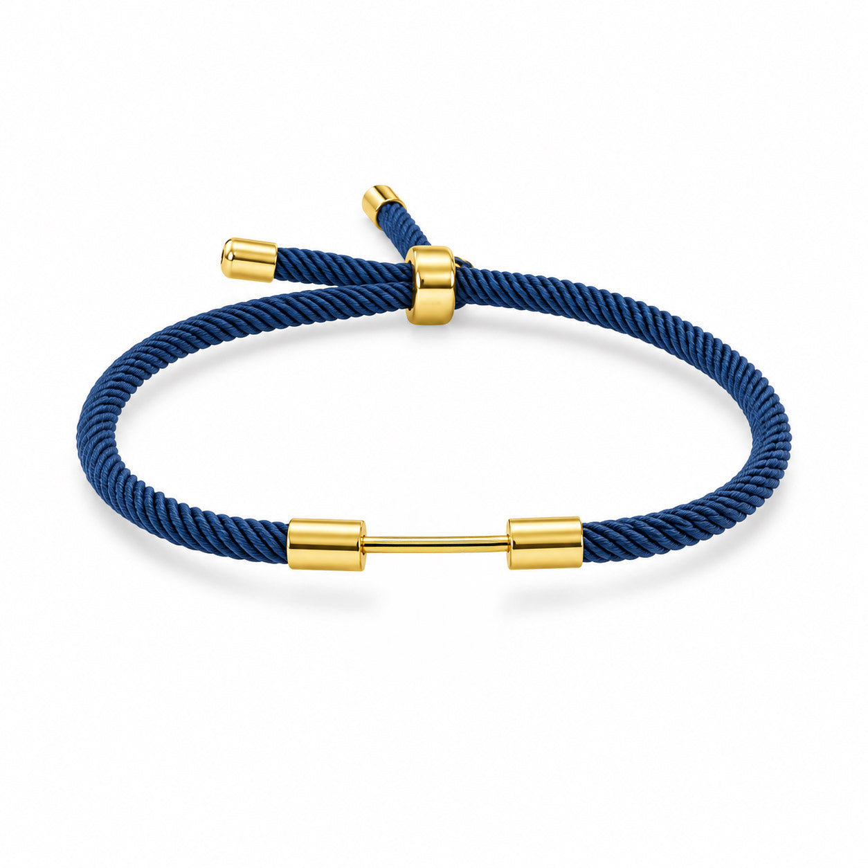 Navy blue woven cord bracelet with a polished gold dumbbell charm and adjustable slider bead on a white background.