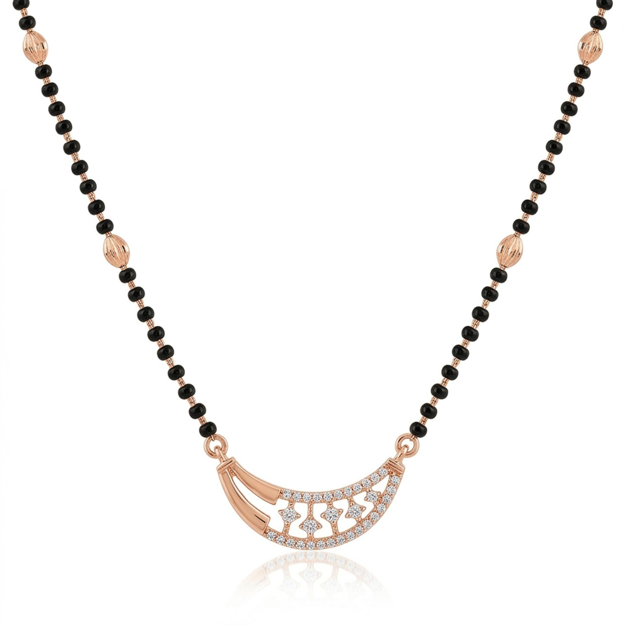 Crescent Glow Mangalsutra Necklace with a sparkling crescent moon pendant and traditional black bead chain.