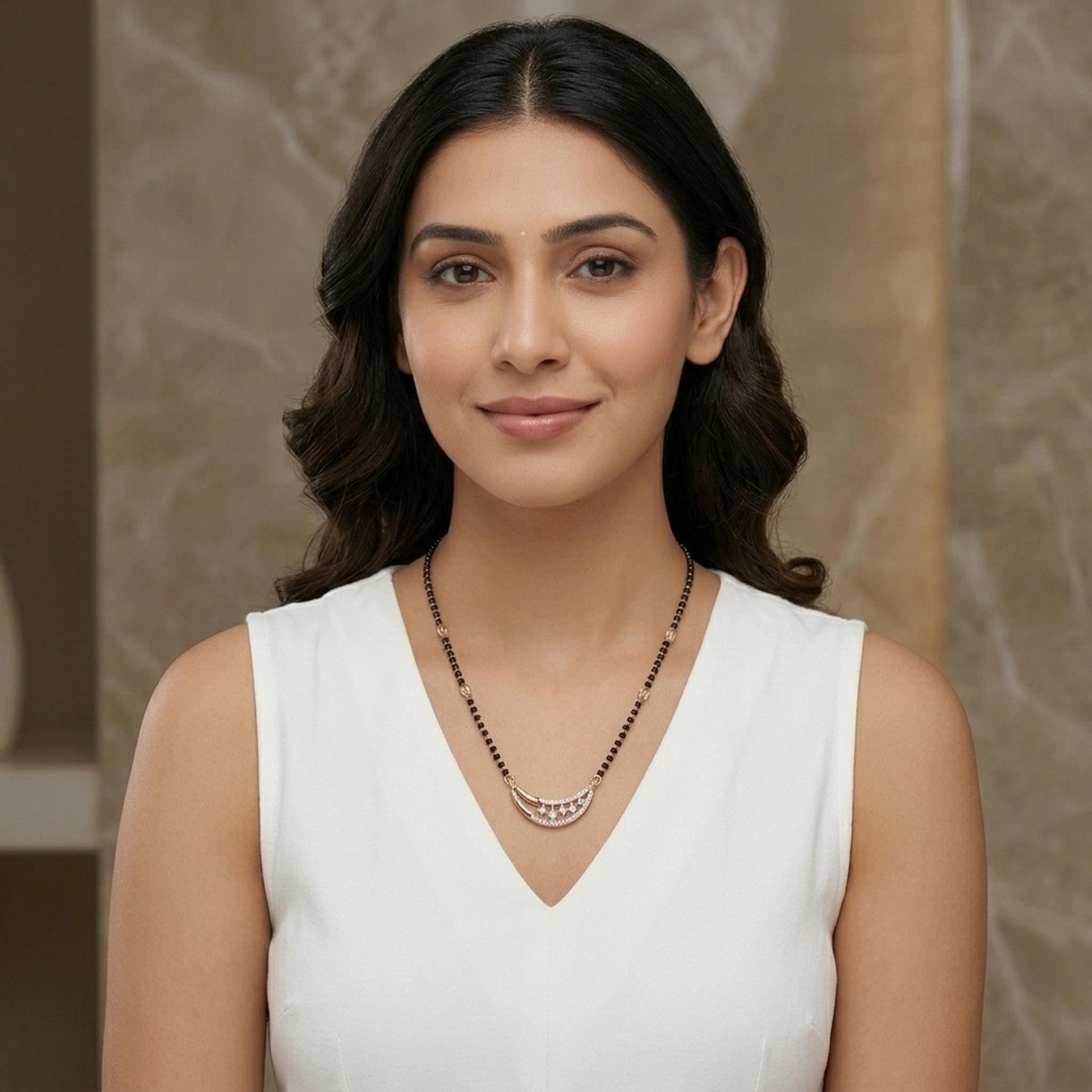 Crescent Glow Mangalsutra Necklace with a sparkling crescent moon pendant and traditional black bead chain.