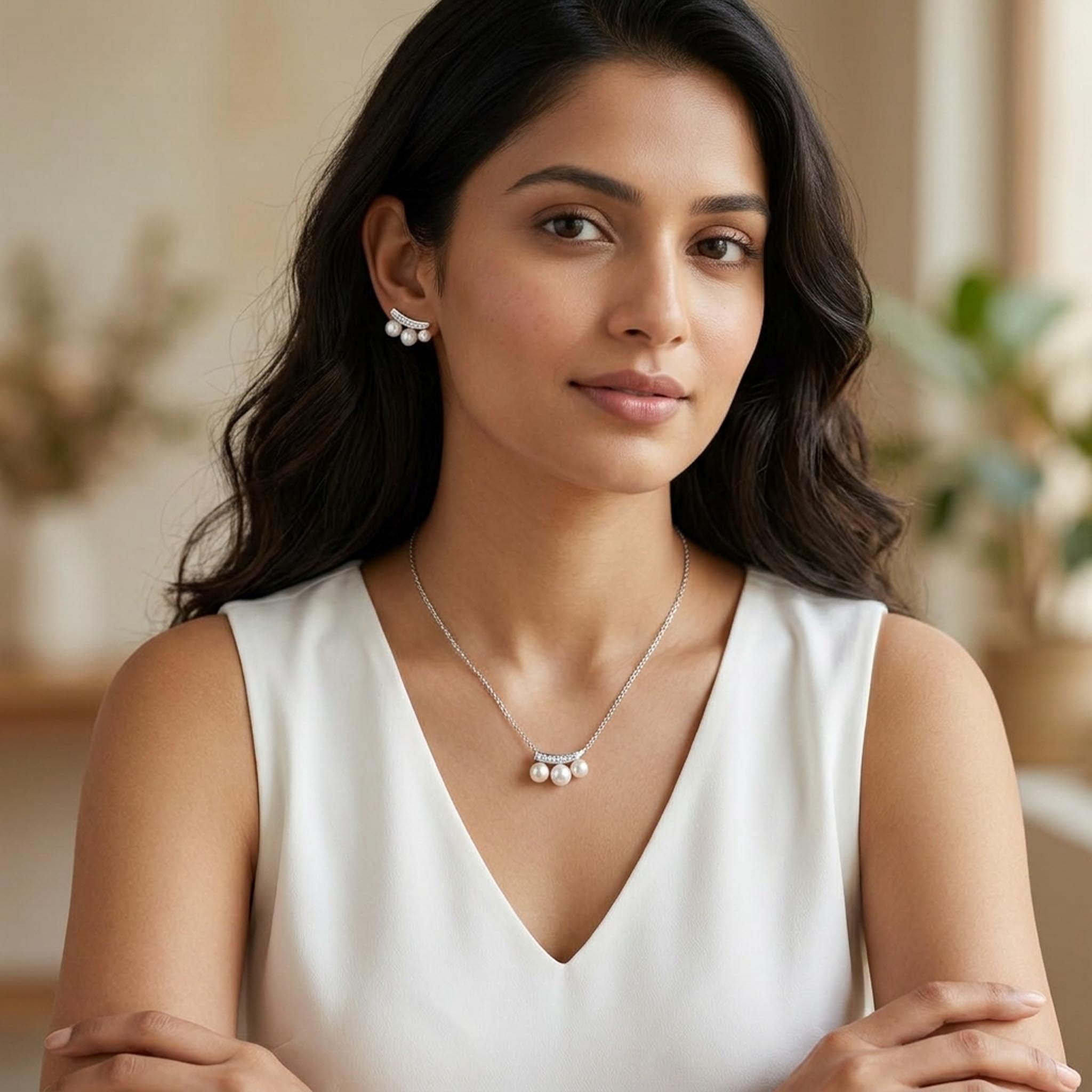 Crescent Pearl 925 Sterling Silver Necklace Set featuring a curved baguette cubic zirconia pendant with three lustrous pearls, paired with matching pearl stud earrings