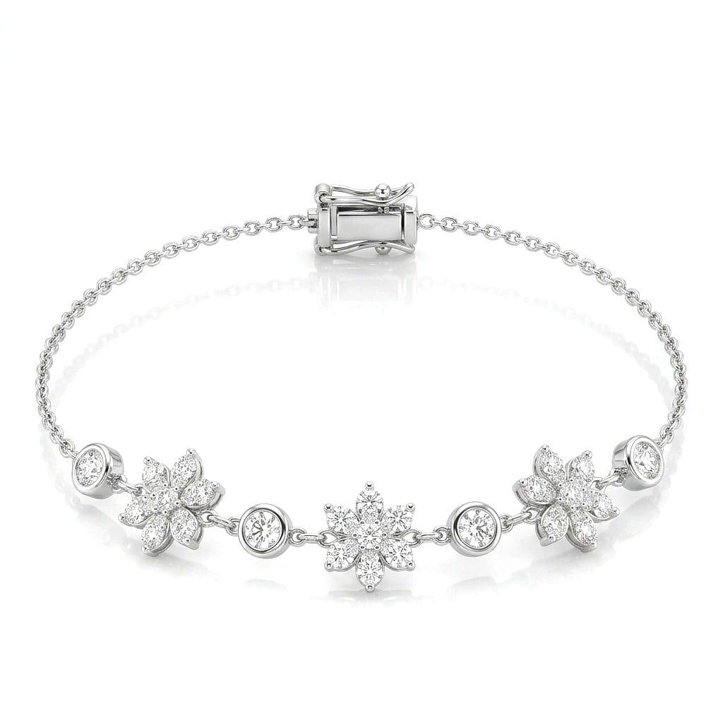 Crystal Blossom 925 Sterling Silver Bracelet featuring a delicate sterling silver chain adorned with three floral motifs encrusted with sparkling cubic zirconia
