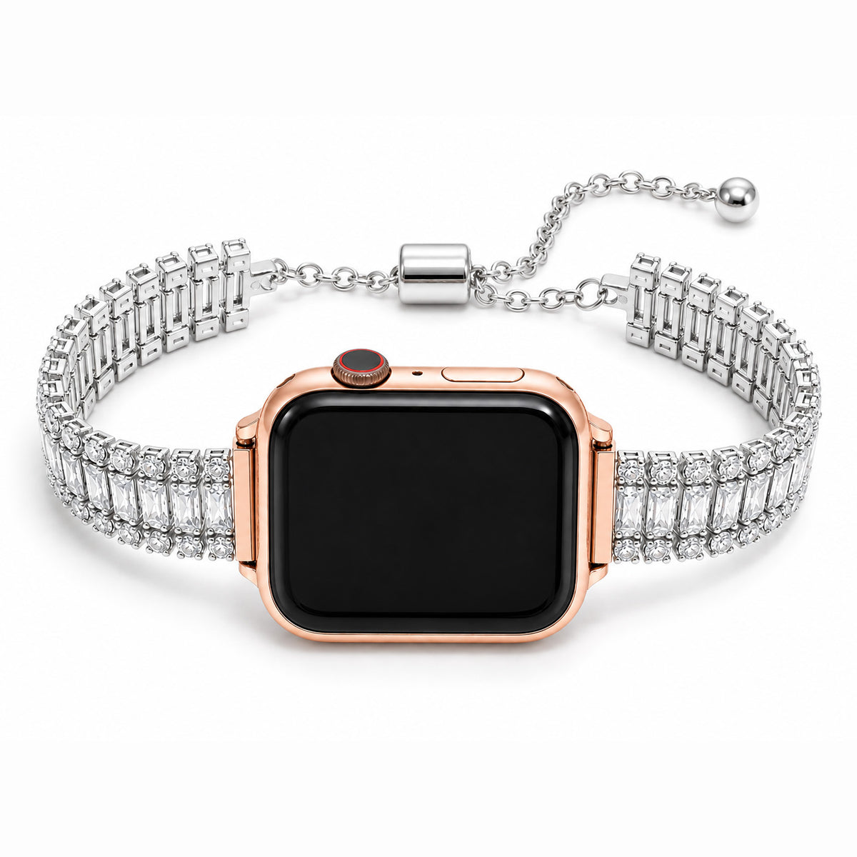 Close-up view of a rose gold smartwatch with a silver crystal-studded metal strap and adjustable chain clasp on a white background.