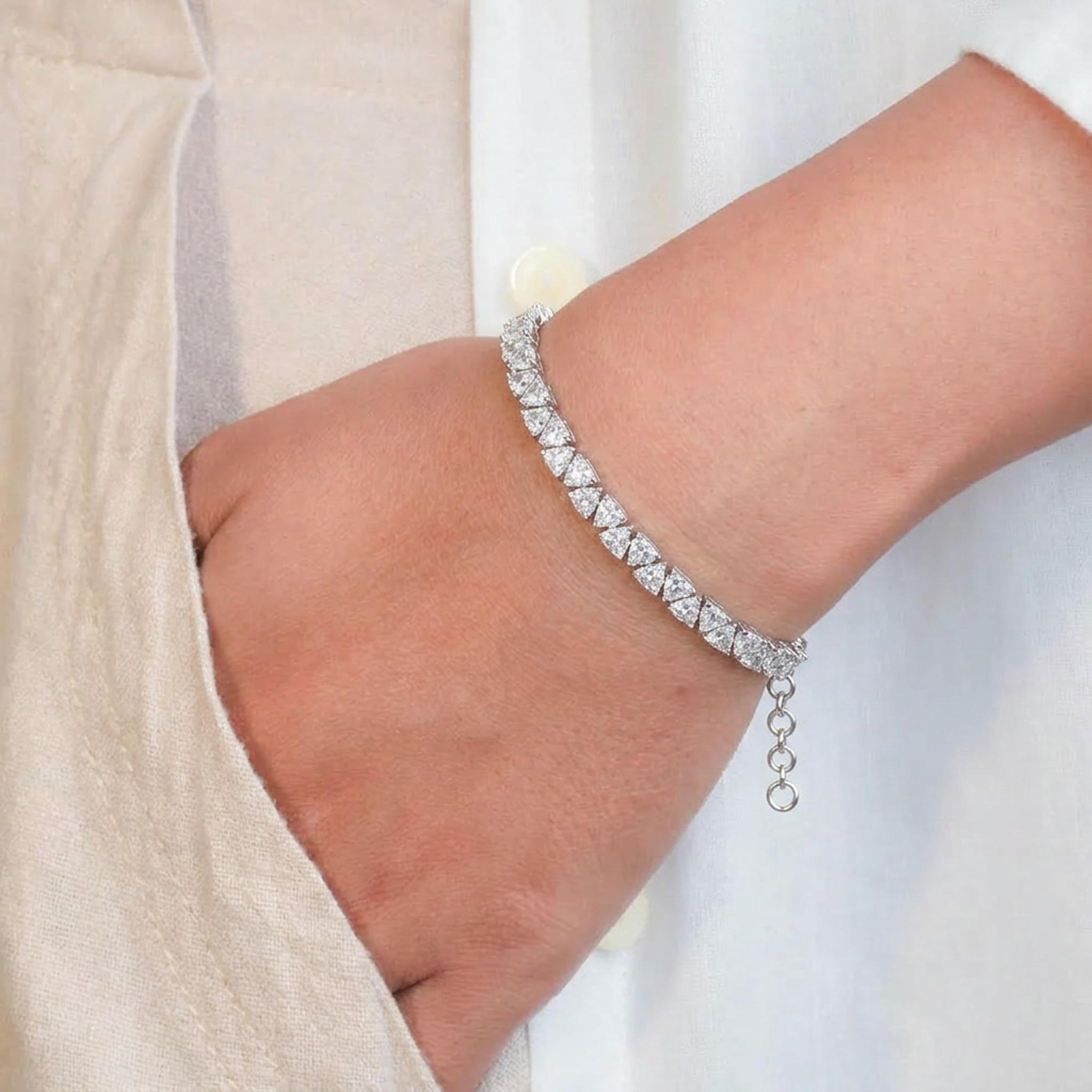 Crystal Trinity Tennis 925 Sterling Silver Bracelet featuring a continuous row of brilliant round-cut stones in a unique triangular three-prong setting