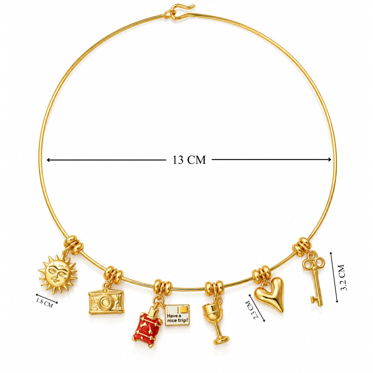 Gold-tone charm necklace displayed on a white background with multiple decorative charms and measurement markings showing a 13 cm necklace diameter.
