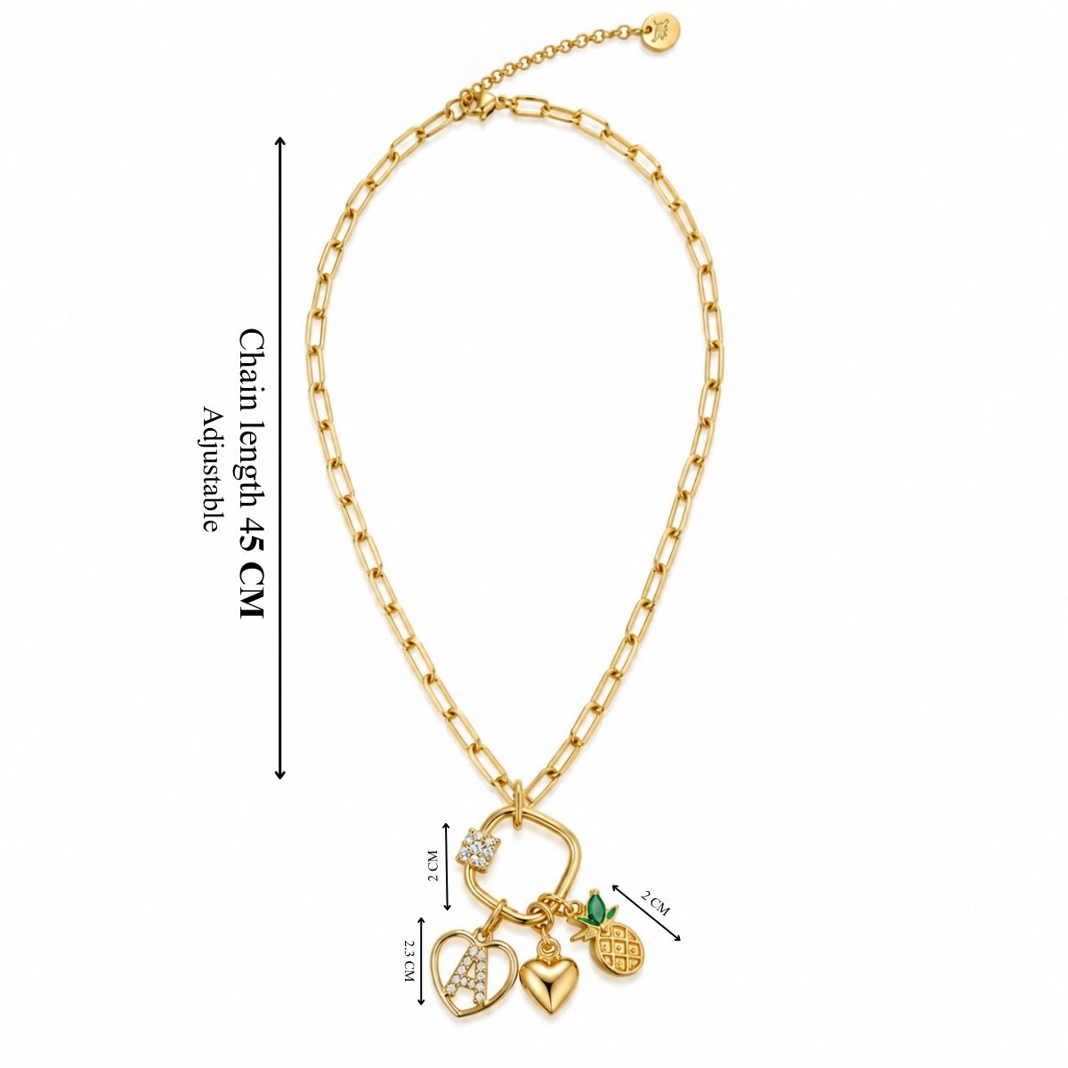 Gold-tone adjustable link chain necklace featuring a large circular ring pendant with dangling charms, including a crystal-studded heart, solid heart, and pineapple charm; chain length is 45 cm.