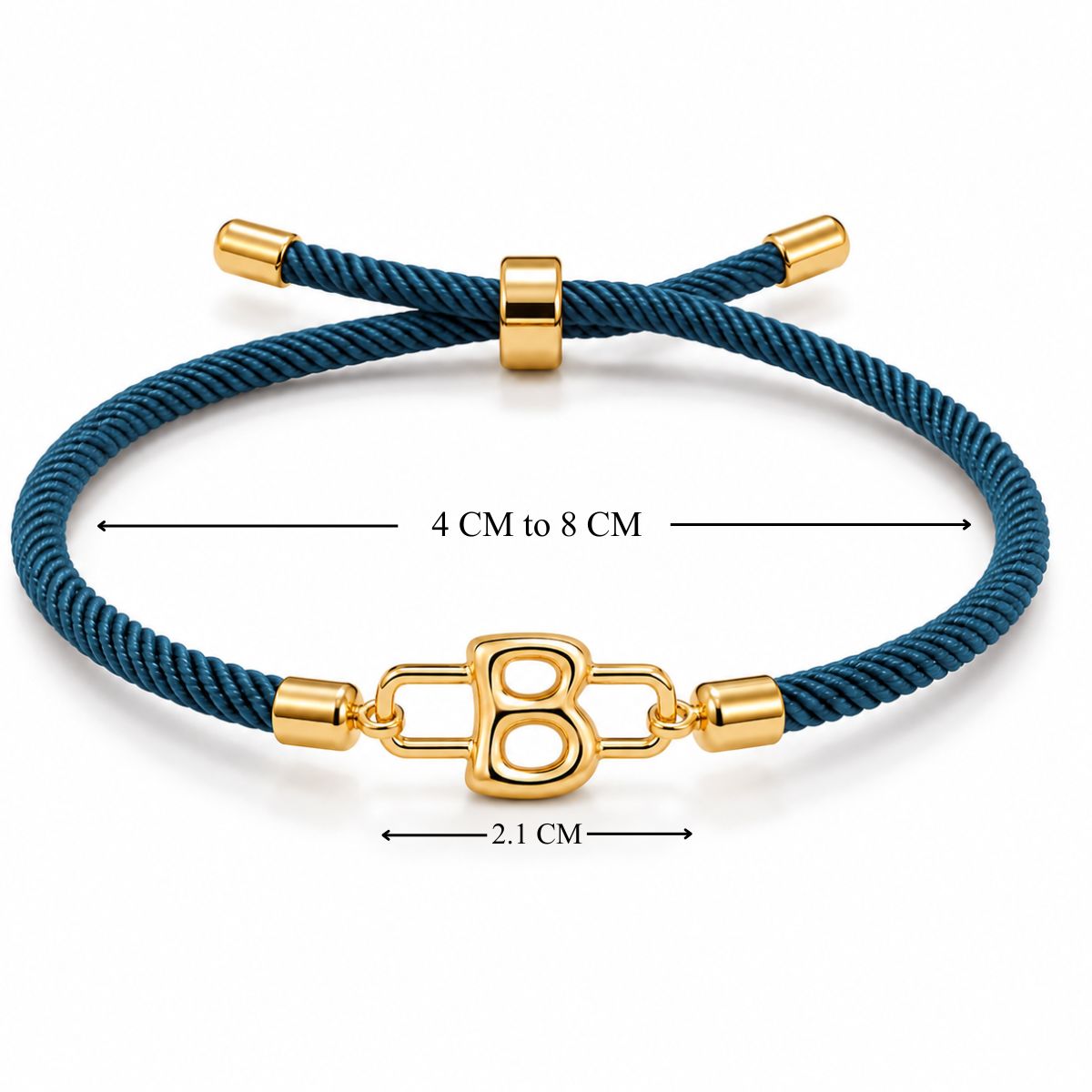 An adjustable dark blue cord-style bracelet featuring gold-toned hardware, a sliding bead mechanism that adjusts from 4 cm to 8 cm, and a polished gold-toned letter "B" charm measuring 2.1 cm across, all finished with smooth gold-toned metal caps on the cord ends.