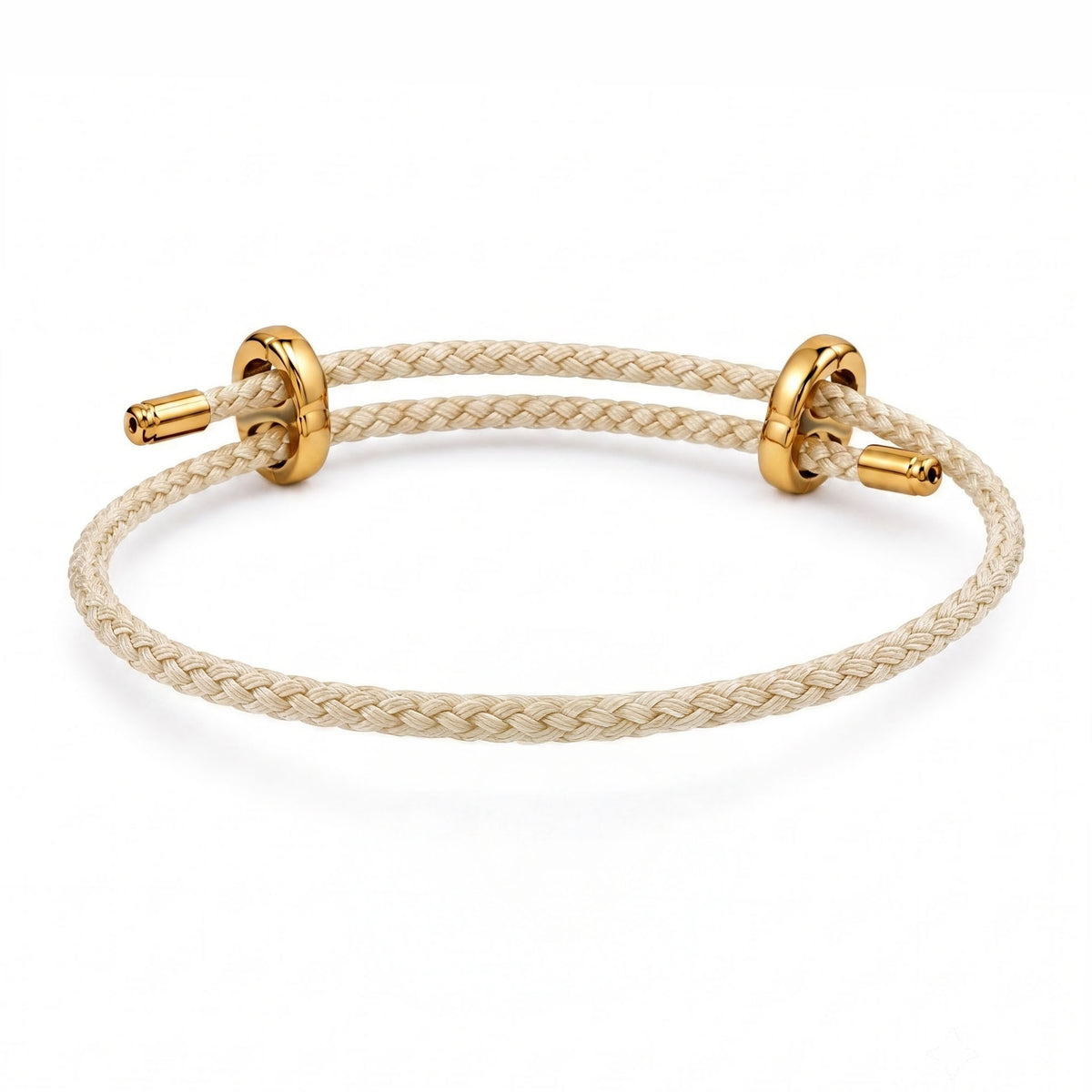 Cream braided cord bracelet with gold-tone metal fittings, displayed on a clean white background.