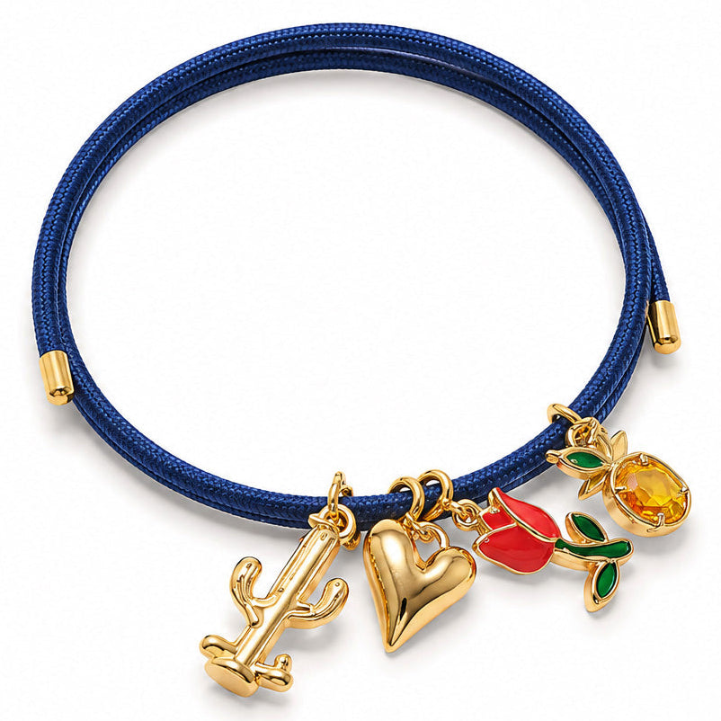 Blue braided cord charm bracelet featuring gold-tone cactus, heart, red tulip, and pineapple charms with green leaf detailing, displayed on a clean white background.