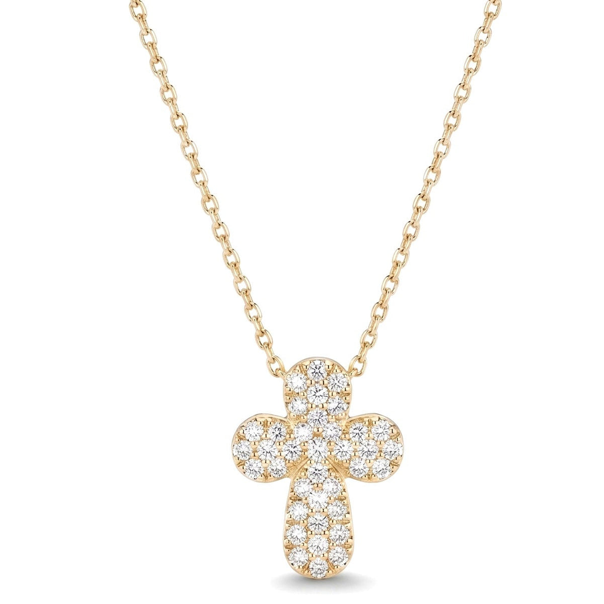 Gold-plated cross necklace featuring a sparkling pavé cross pendant on a delicate chain, displayed against a clean white background.