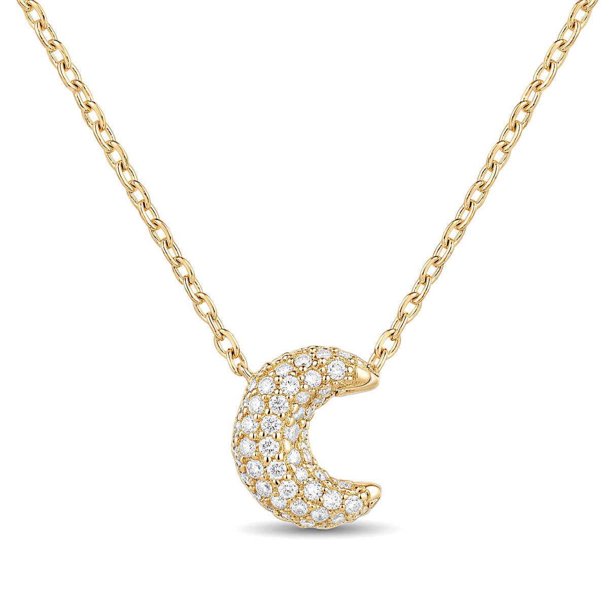 Gold-plated crescent moon necklace featuring a sparkling pavé moon pendant on a chunky link chain, displayed against a clean white background.