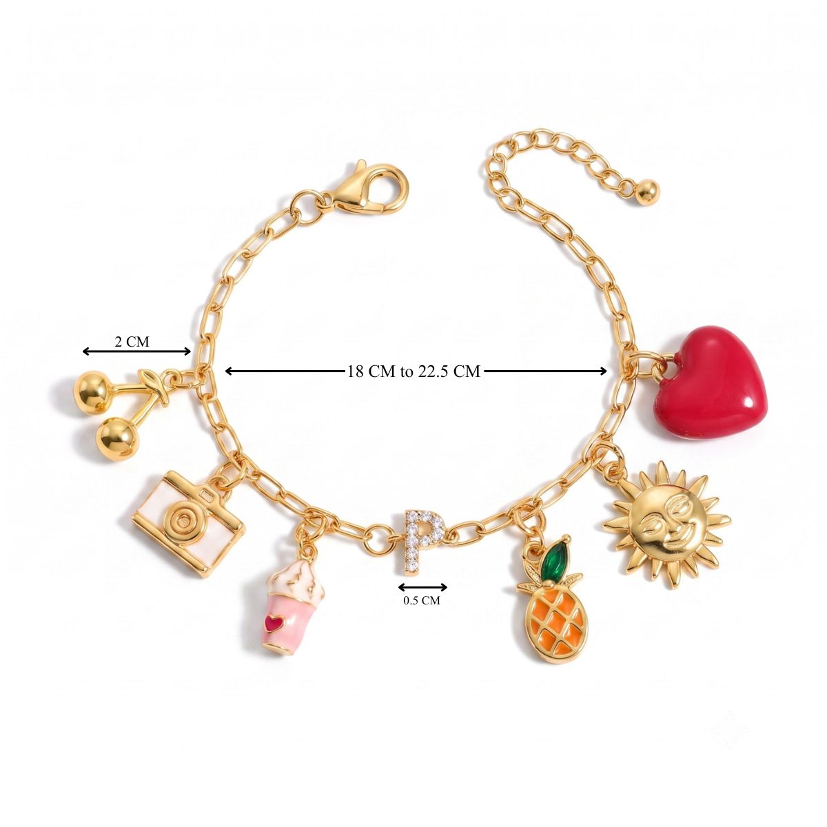 Gold-tone charm bracelet with a lobster clasp and adjustable chain, featuring dangling charms including a red heart, camera, drink cup, letter P, pineapple, and sun charm, displayed on a white background.