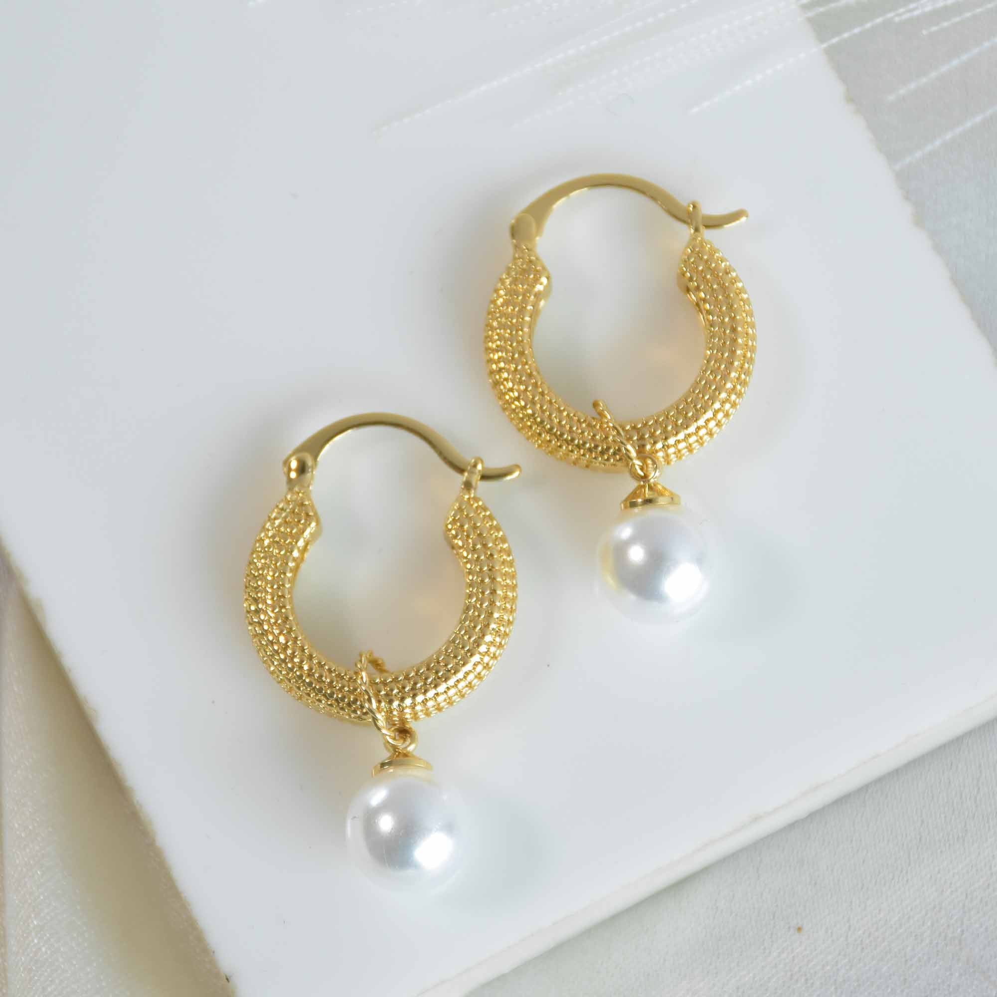 Gold Hoop Pearl Drop Earrings