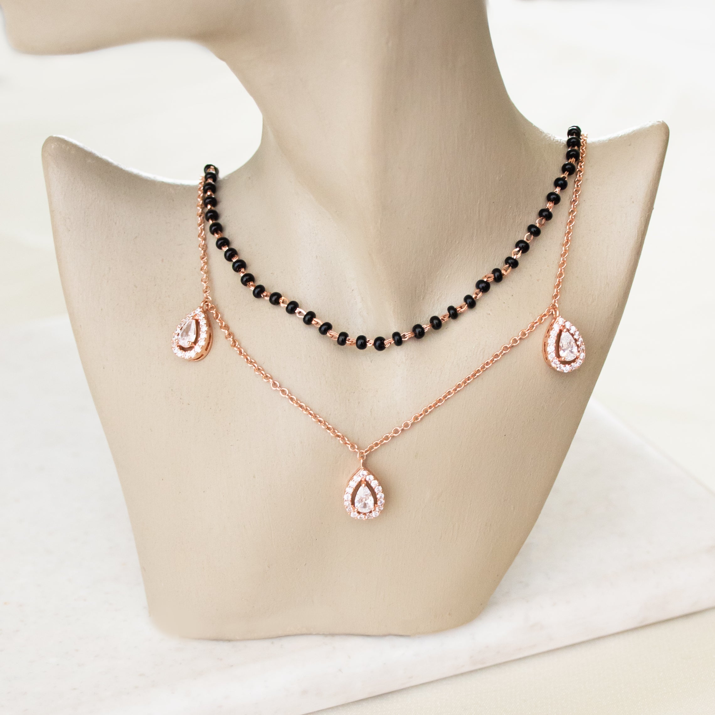 Three Diamond Pear Layered Mangalsutra Necklace