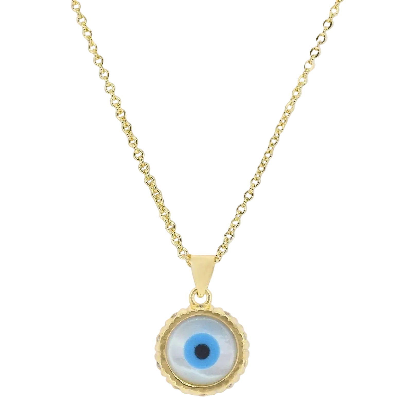 Gold necklace with an eye-shaped pendant on a white background