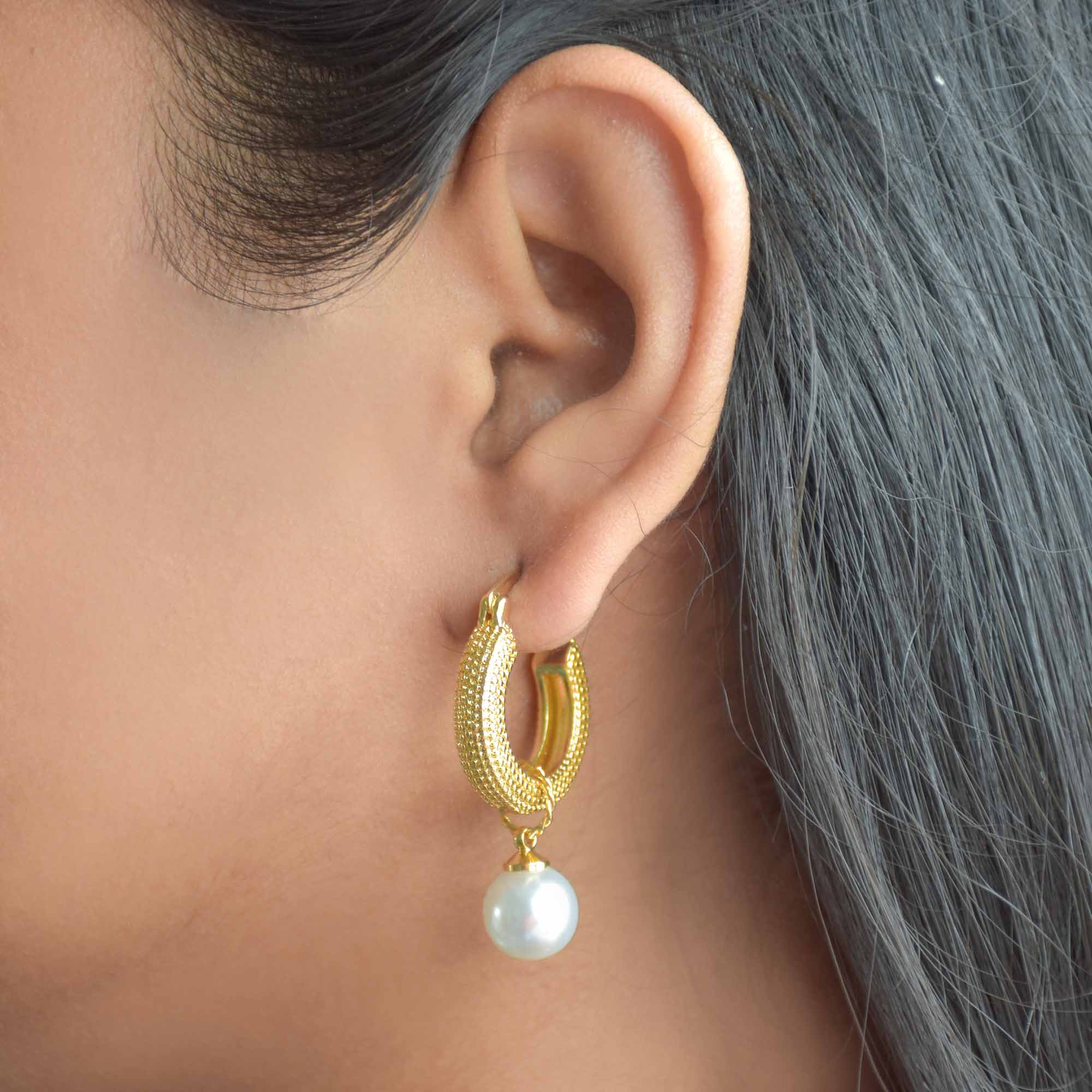 Gold Hoop Pearl Drop Earrings